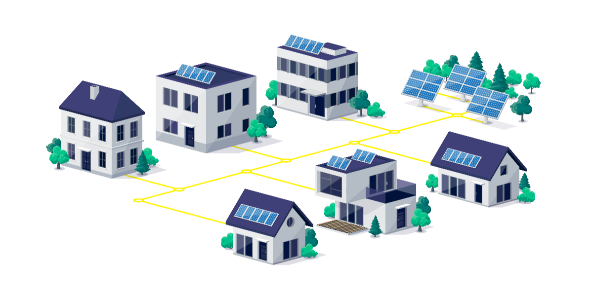 Häuser mit Photovoltaikanlagen, verbunden in einem Smart Grid.