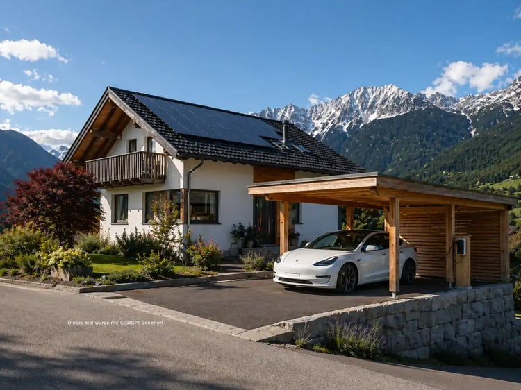 Einfamilienhaus mit PV-Anlage am Dach und einem Carport unter welchem ein E-Auto steht