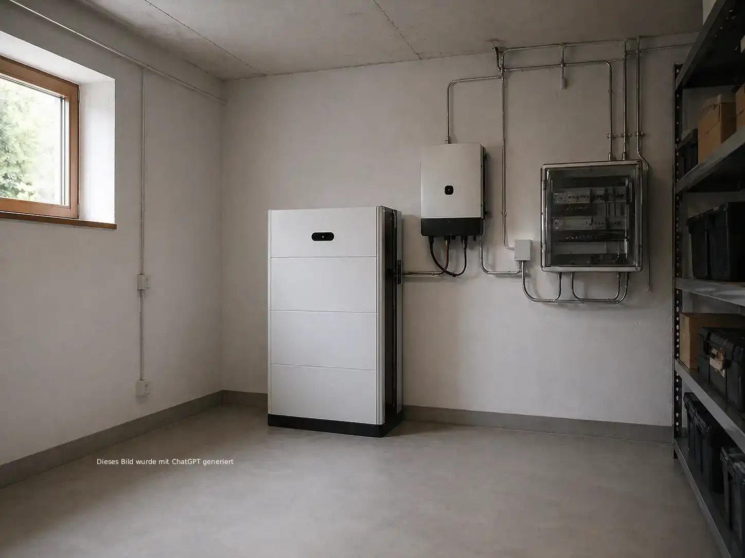 Kellerabteil in welchem ein Batteriespeicher steht und ein Sicherungskasten an der Wand montiert ist 