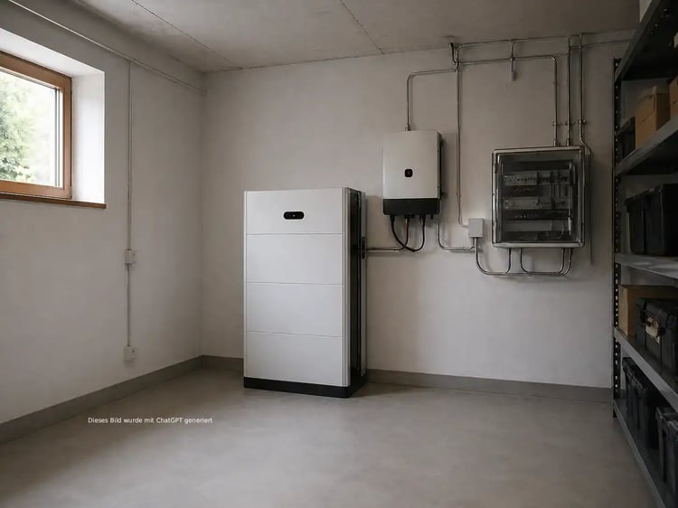 Kellerabteil in welchem ein Batteriespeicher steht und ein Sicherungskasten an der Wand montiert ist 