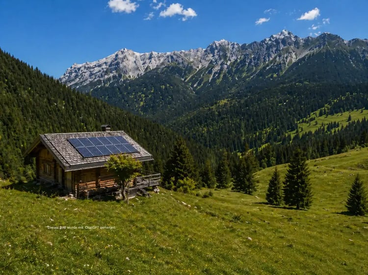 Berghütte mit einer PV-Anlage am Dach in einer Waldlandschaft