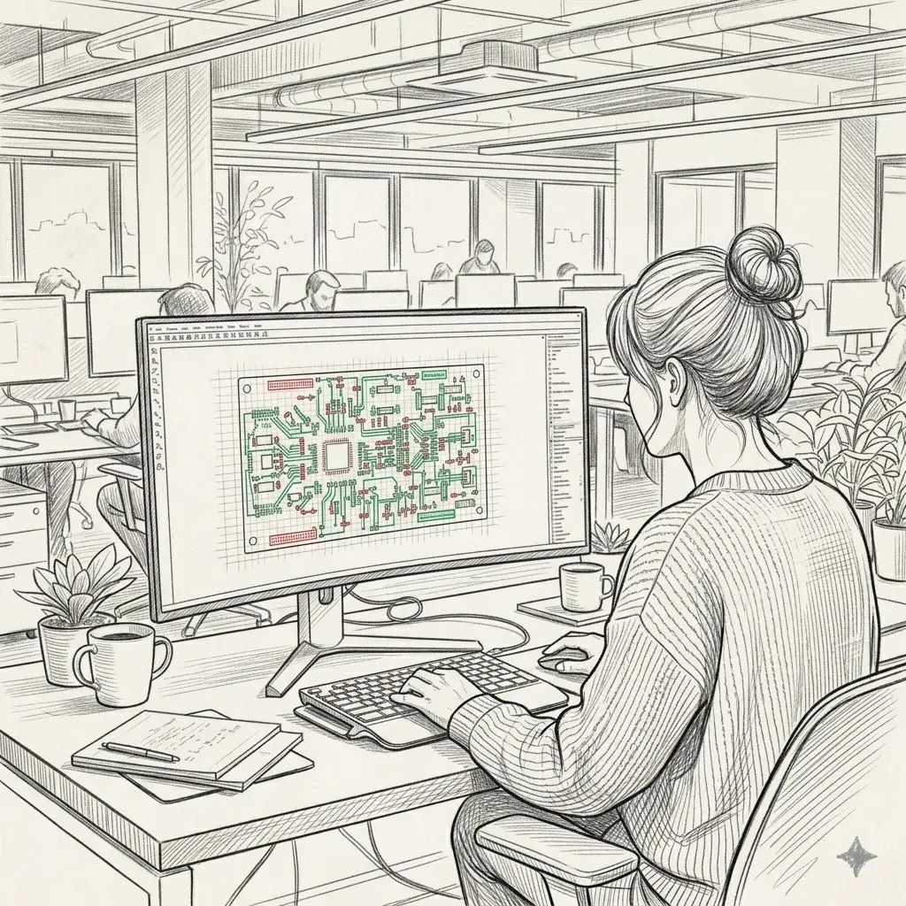 Frau vor computer, sie erstellt eine technische Zeichnung. Das bild wurde von einer KI im Stil einer Bleistiftzeichnung erstellt