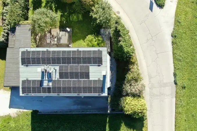 Haus mit PV Anlage am Dach, im Grünen, aus Vogelperspektive